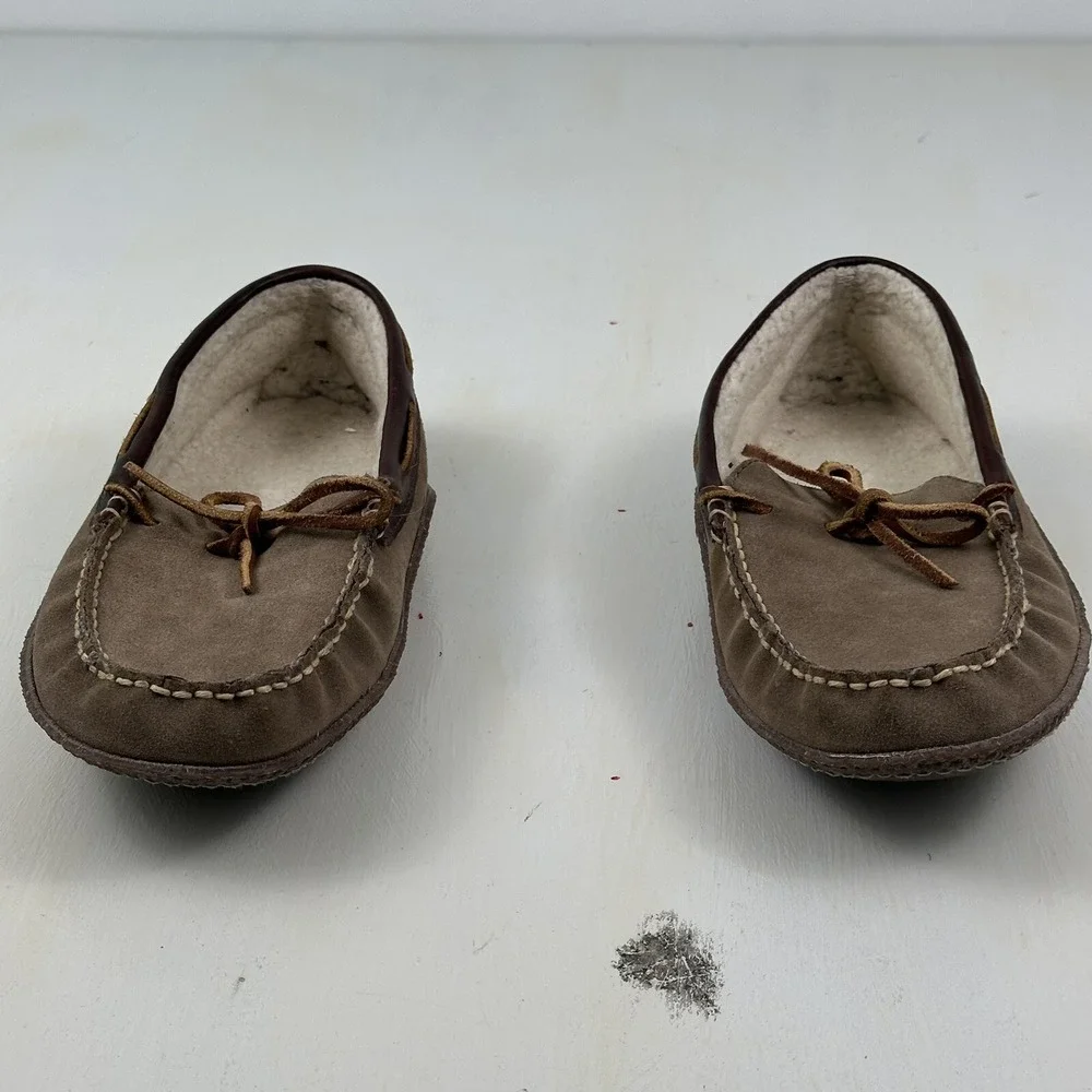 LL Bean‎  HandSewn Shearling Lined Slippers Mens 8Brown Roughout Suede Moccasins